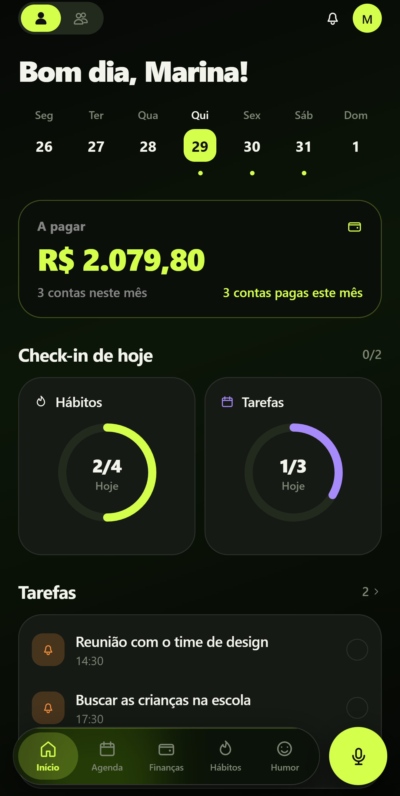 Tela inicial do app Cluvy no iPhone, com contas, hábitos e tarefas do dia.